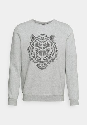 Gray sweatshirt with a black tiger face graphic printed in a linear design on the front. Features a crew neckline and long sleeves.