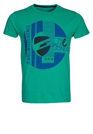 Green cotton t-shirt featuring a round neckline. Front graphic includes blue and black patterns with "75" and "JACK & JONES" text.