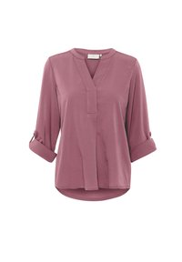 Blusa rosa a maniche lunghe con scollatura a V e polsini ripiegati. Realizzata in tessuto morbido con una vestibilità leggermente ampia e orlo arrotondato.