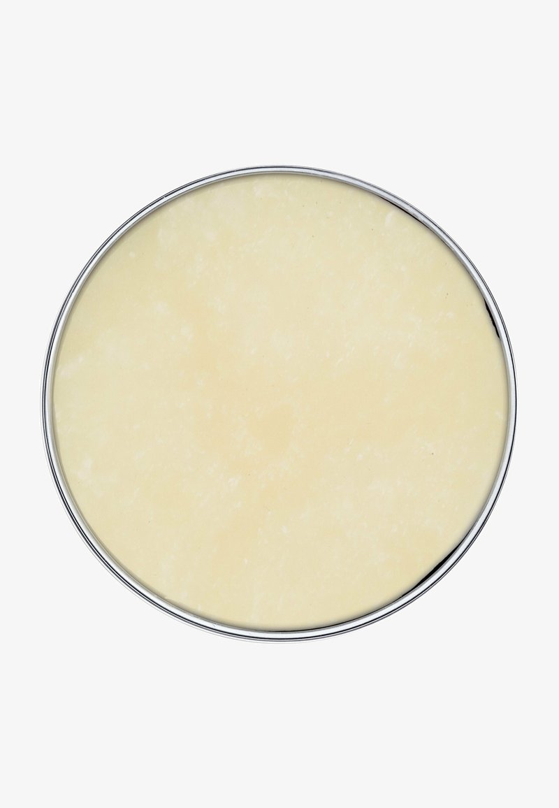 Runde Keramikschale mit einer glänzenden, cremeweißen Oberfläche und einem silbernen Metallrand. Glatte Textur mit einem leichten Glanz. Keine sichtbaren Muster.