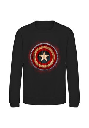Sort sweatshirt med lange ærmer med et slidt Captain America skjold design i rød, hvid og blå med en central stjerne foran.