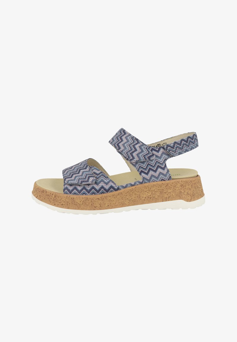 Blue and gray zigzag patterned women's sandal with adjustable straps, cork platform sole, and white rubber outsole.