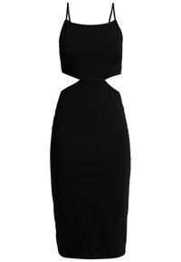 Schwarzes ärmelloses Kleid mit einer körpernahen Silhouette, das einen Ausschnitt an der Taille und verstellbare Spaghettiträger hat. Weicher Stoff.