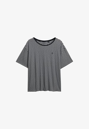 Sort og hvid stribet T-shirt, korte ærmer, rund hals, afslappet pasform, blødt materiale, med et lille logo på venstre side.