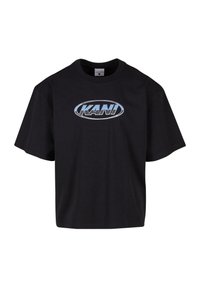 Black cotton T-shirt with a loose fit, featuring a central oval logo in light blue with the text "KANI" in bold. Short sleeves, crew neck.