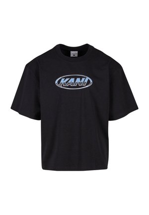 Black cotton T-shirt with a loose fit, featuring a central oval logo in light blue with the text "KANI" in bold. Short sleeves, crew neck.