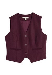 Bordo vuna prsluk s V izrezom, šest gumba i dva bočna džepa. Glatka tekstura i prilagođeni kroj, sa suptilnim detaljima šava sa strane.