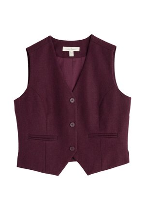Bordeaux wollen vest met een V-hals, zes knopen en twee zijzakken. Soepele textuur en een getailleerde pasvorm, met subtiele details in de zijkanten.
