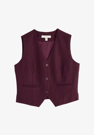Bordeaux wollen vest met een V-hals, zes knopen en twee zijzakken. Soepele textuur en een getailleerde pasvorm, met subtiele details in de zijkanten.