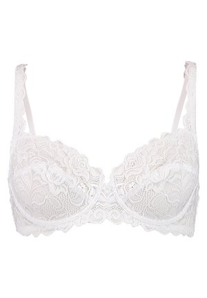 White lace bra featuring a floral pattern, sheer cups, and adjustable straps with soft textured fabric. Closure at the back not visible.