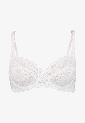 Weißer Spitzen-BH mit floralem Muster, durchsichtigen Cups und verstellbaren Trägern aus weichem, strukturiertem Stoff. Der Verschluss hinten ist nicht sichtbar.
