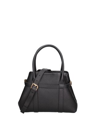 Borsa in pelle nera strutturata con due manici e tracolla regolabile con fibbie color oro.