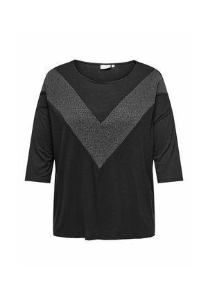 Top noir avec un décolleté large, des manches trois-quarts et un accent texturé en forme de V argenté sur le devant. Tissu doux avec une coupe décontractée.