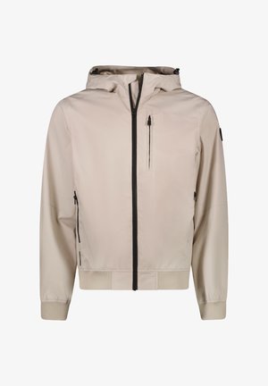 Licht beige lichtgewicht jack met een capuchon, zwarte rits, zijzakken en elastische manchetten. Vo smooth fabric met minimale stikdetails.
