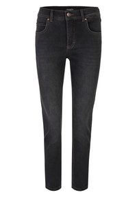 Schwarze Denim-Jeans mit Slim Fit, ausgestattet mit kupferfarbenen Details, fünf Taschen und kontrastierenden Nähte.