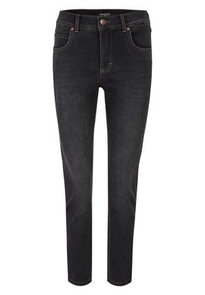 Schwarze Denim-Jeans mit Slim Fit, ausgestattet mit kupferfarbenen Details, fünf Taschen und kontrastierenden Nähte.