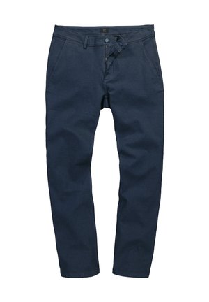 Marineblauwe broek van een zachte, gestructureerde stof. Voorzien van een rits, zijzakken en een rechte pijpdesign.