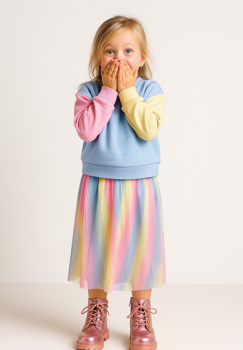 Pastellfarbener Kapuzenpullover mit rosa, blauen und gelben Ärmeln; plissierter Regenbogenkilt; glänzende rosa Kampfstiefel; Hände, die den Mund bedecken.
