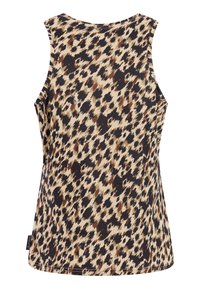Top para mujer sin mangas con estampado de leopardo en tonos marrón, negro y beige, escote redondo y ajuste regular.