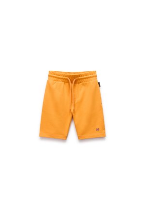 Shorts en coton orange avec une taille élastique et un cordon de serrage, dotés de poches latérales et d'une petite étiquette drapeau sur l'ourlet.