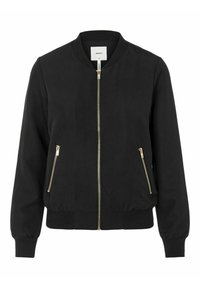 Chaqueta bomber negra con cremallera dorada en el frente, dos bolsillos con cremallera, cuello, puños y dobladillo acanalados, etiquetada como "OBJECT".
