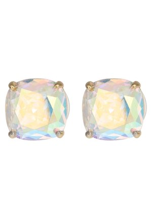 Pair of square-cut iridescent stud earrings with gold prong settings on a white background.