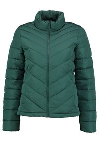 Giacca imbottita verde con colletto alto, motivo a zigzag, chiusura frontale con zip, e polsini elasticizzati. Fodera morbida e testurizzata visibile a livello del collo.