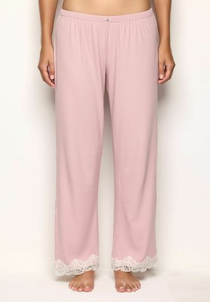 Pantalones sueltos de color rosa claro con una cinturilla elástica y un borde de encaje blanco en el dobladillo. Tejido suave con una textura sutil.