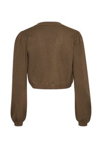 Brun kortärmad tröja med långa puffärmar, ribbade muddar och rundad halsringning. Tyget har ett mjukt, texturerat utseende.