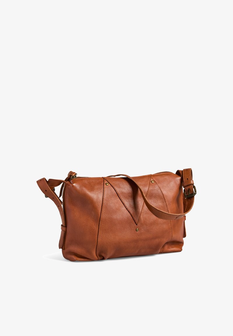 Sac à bandoulière en cuir brun avec une surface texturée, doté d'une fermeture zippée, d'une bandoulière ajustable et de détails de couture triangulaires distinctifs.