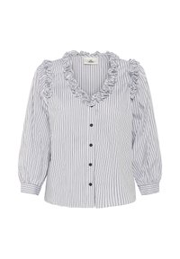 Striped blouse featuring a ruffled neckline, long puff sleeves, and button closure. Material appears lightweight with a smooth texture.