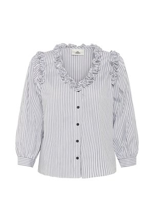 Gestreifte Bluse mit Rüschenausschnitt, langen Puffärmeln und Knopfschluss. Das Material wirkt leicht und hat eine glatte Textur.