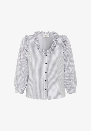 Gestreifte Bluse mit Rüschenausschnitt, langen Puffärmeln und Knopfschluss. Das Material wirkt leicht und hat eine glatte Textur.