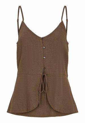 Braunes ärmelloses Damenoberteil mit dünnen verstellbaren Trägern, Knöpfen vorne und einem gebundenen Taillendetail an einem ausgestellten Saum.