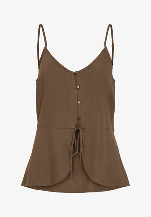 Brun ermeløs dame-topp med tynne justerbare stropper, knapper foran og knyttet midjedetalj på en vid nederkant.