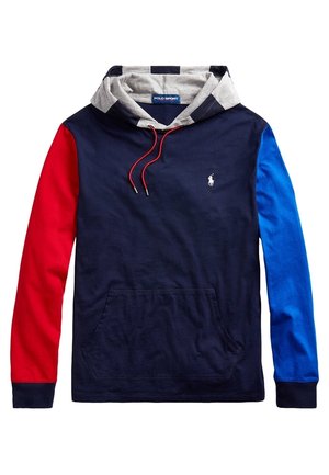 Granatowa bluza z kapturem z czerwonym lewym rękawem, niebieskim prawym rękawem, szarym kapturem z czarnymi paskami, czerwonymi sznurkami, przednią kieszenią i małym białym logo na piersi.