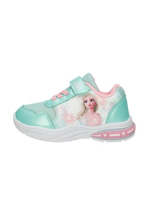Dziecięcy miętowo-zielony i różowy tenis z paskiem na rzep, wzory kwiatowe i ilustracja postaci na boku.