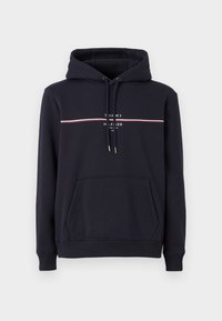 Navy hoodie with drawstrings, front pocket, and white graphic text. Features a red and white horizontal stripe design across the chest.