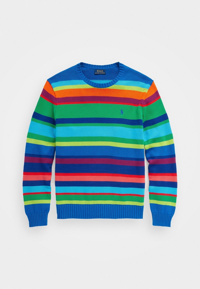 Maglione a righe in lavorazione a maglia con bande orizzontali nei toni di blu, verde, rosso, arancione e giallo. Collo a giro e polsini a costine alle maniche.