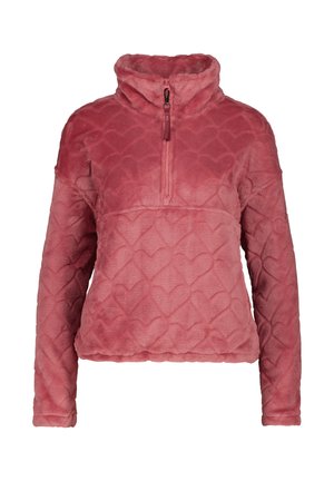 Rosa Fleece-Pullover mit geprägtem Herzmuster, halber Reißverschluss vorne und hohem Kragen, entworfen für Wärme und Komfort.
