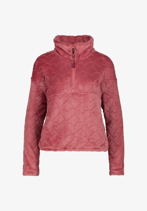 Rosa Fleece-Pullover mit geprägtem Herzmuster, halber Reißverschluss vorne und hohem Kragen, entworfen für Wärme und Komfort.