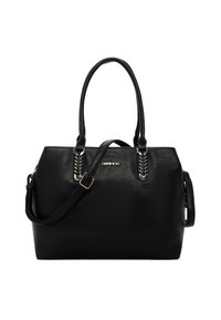 Borsa a mano in finta pelle nera con design strutturato, doppi manici superiori, tracolla removibile e accessori in metallo dorato.