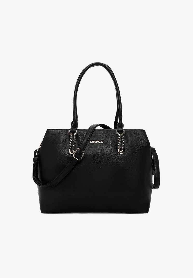 Borsa a mano in finta pelle nera con design strutturato, doppi manici superiori, tracolla removibile e accessori in metallo dorato.