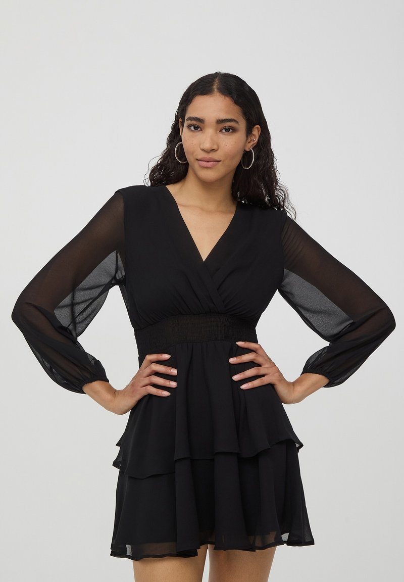 Maxi Abito Lungo Donna Scollo A V – Stile Babydoll Con Maniche A Sbuffo, Tasche, Nero, Taglia S - 5