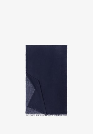 Navy blue scarf in a textured fabric, featuring a fringed edge and a contrasting lighter inner layer, offering a soft and lightweight appearance.