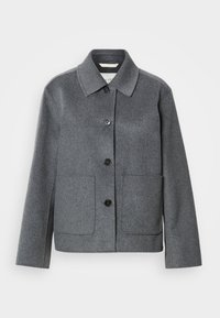 Veste en laine grise avec col, quatre boutons noirs sur le devant et deux grandes poches avant, présentée sur fond blanc.