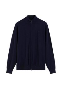 Suéter azul marino con cremallera, hecho de tela suave, con cuello alto y puños acanalados. Diseño sencillo sin patrones ni accesorios visibles.