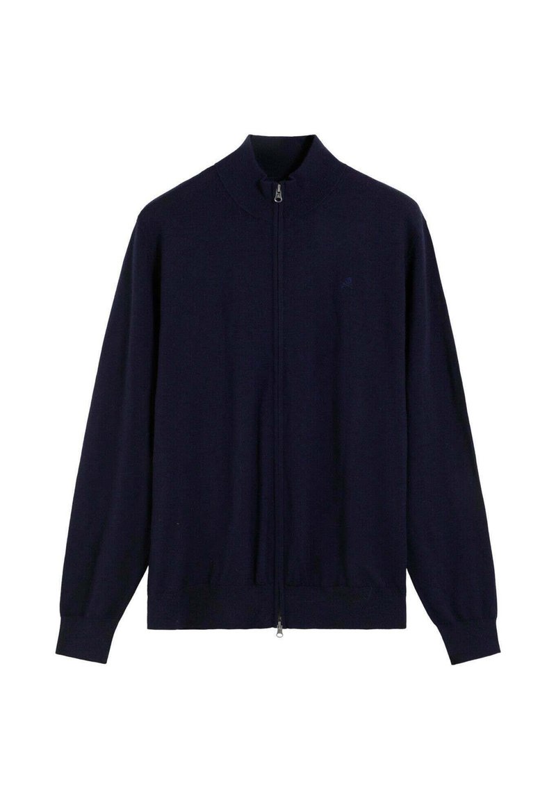 Suéter azul marino con cremallera, hecho de tela suave, con cuello alto y puños acanalados. Diseño sencillo sin patrones ni accesorios visibles.