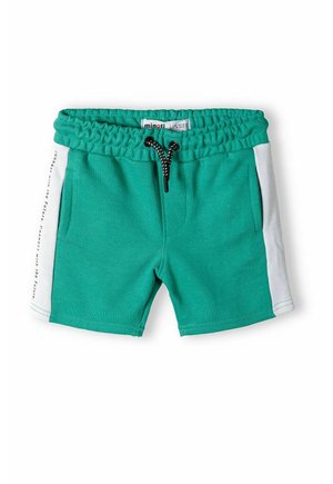 Shorts in pile turchese con vita elastica, pannelli laterali bianchi e cordino nero. Presentano tasche laterali e dettagli stampati sul lato.