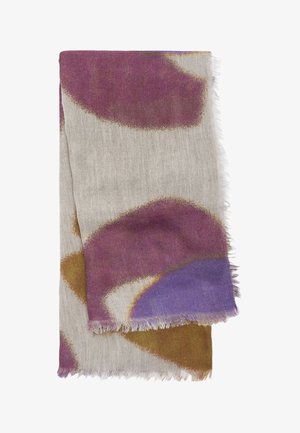 Wielokolorowy szalik z teksturowanego, lekkiego materiału. Posiada abstrakcyjne kształty w odcieniach fioletu i musztardy na neutralnym tle. Postrzępione krawędzie.